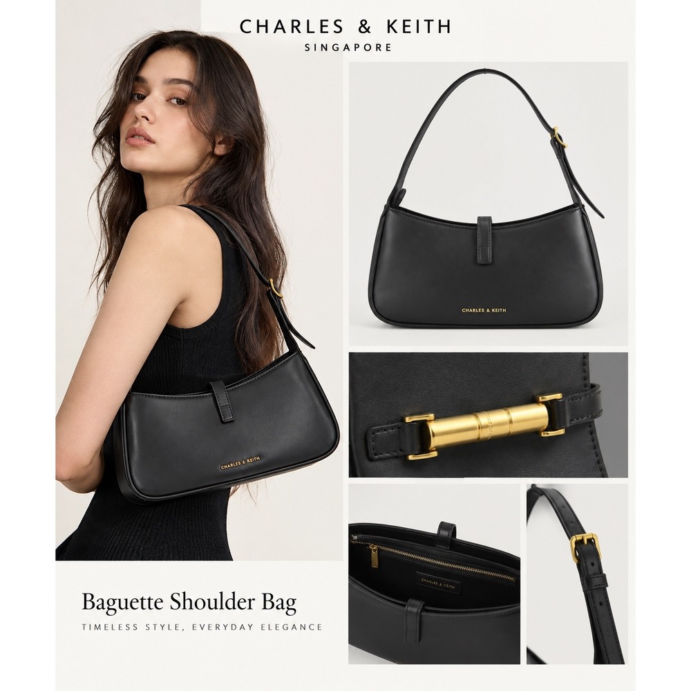 Charles & Keith Black Baguette Shoulder Bag Gold Hardware Minimalist Handbag